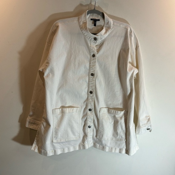 EILEEN FISHER Sz L Shirt Jacket Silver Toned Buttons Patch Pockets Unlined - Picture 2 of 14